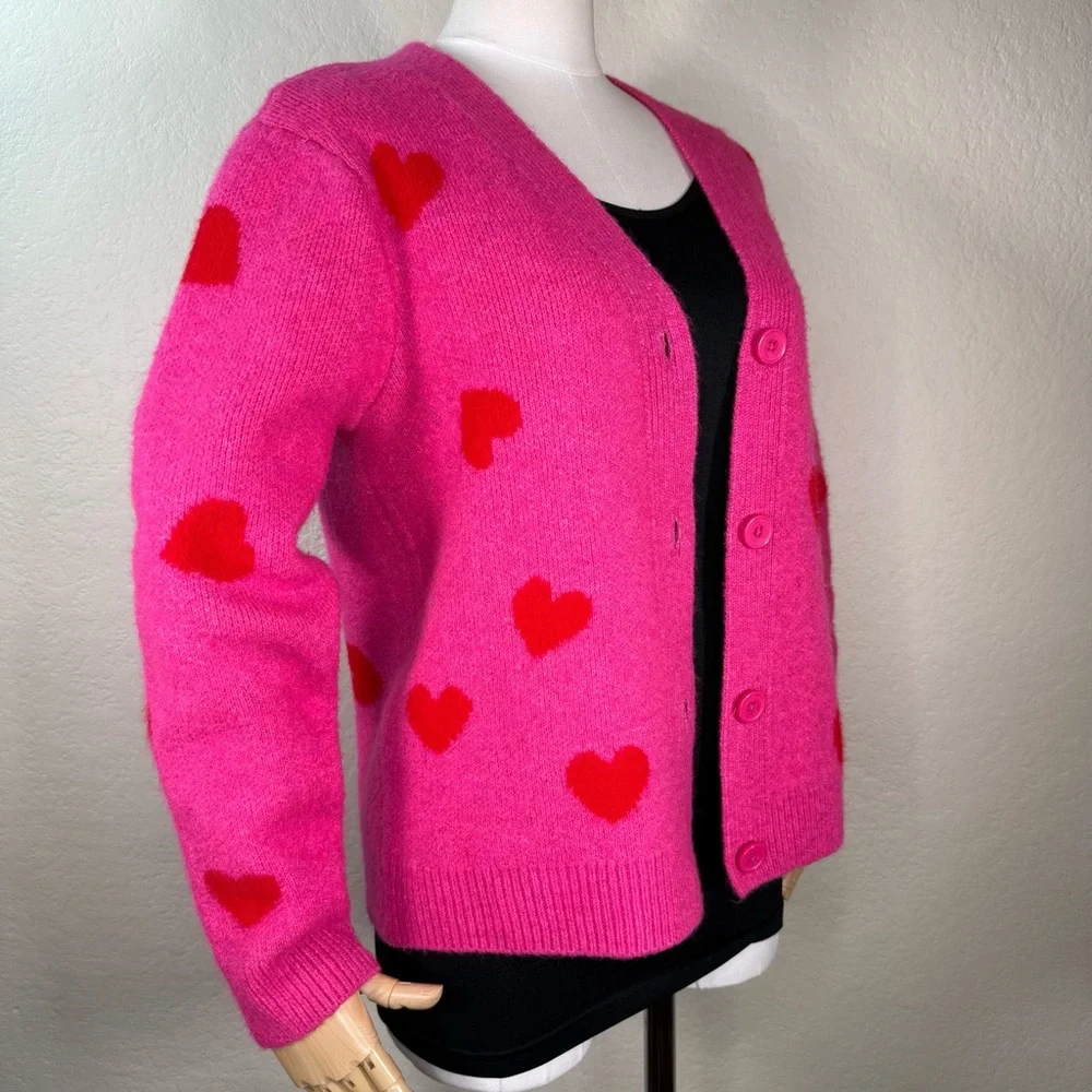 CeCe V-Neck Heart Jacquard Button Up Cardigan Sweater Size Large